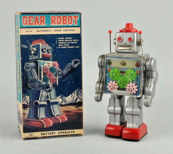 JAPANESE BATTERY-OPERATED TIN LITHO GEAR ROBOT.   