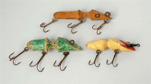 LOT OF 3: SELDOM SEEN HENRY WELLES PATENTED BAITS.