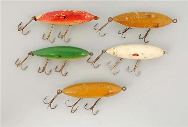 LOT OF 5: ASSORTED COLDWATER, MICHIGAN WOOD BAITS.