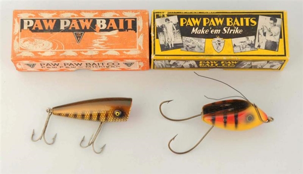 LOT OF 2: PAW PAW, MICHIGAN WOOD BAITS IN BOXES.  