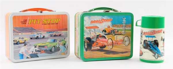LOT OF 2: AUTO RACING THEMED LUNCHBOXES & THERMOS.