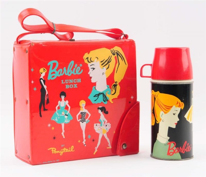 BARBIE PONYTAIL VINYL LUNCH BOX WITH THERMOS.     