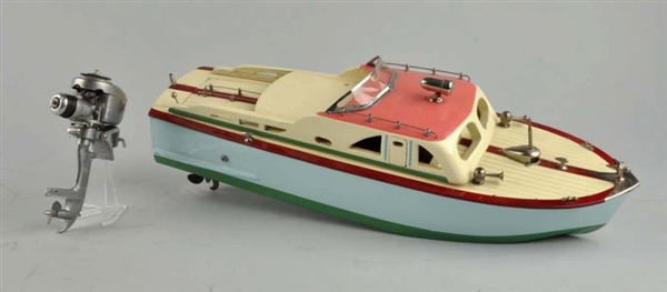 JAPANESE BATTERY OPERATED WOODEN MODEL MOTOR BOAT.