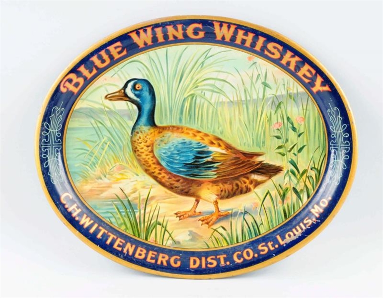 EARLY BLUE WING WHISKEY TIN SERVING TRAY.         