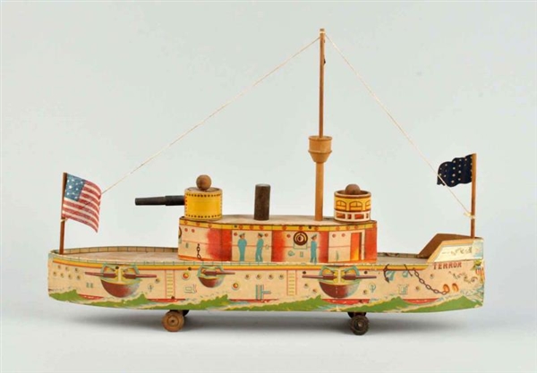 EARLY PAPER ON WOOD TERROR BATTLESHIP TOY.        