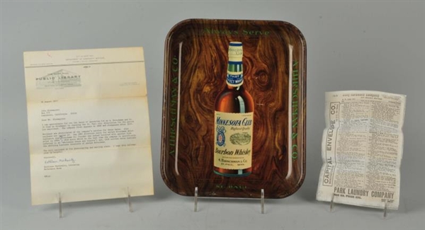 MINNESOTA CLUB WHISKEY SERVING TRAY AND PAPERWORK.