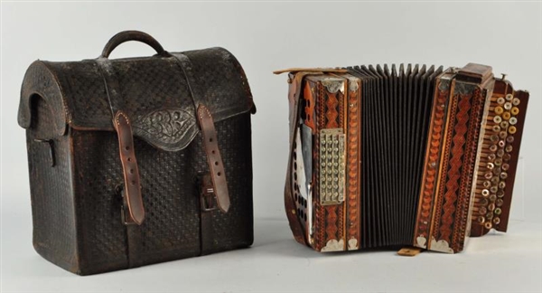 INLAID WOODEN ACCORDION WITH CASE.                
