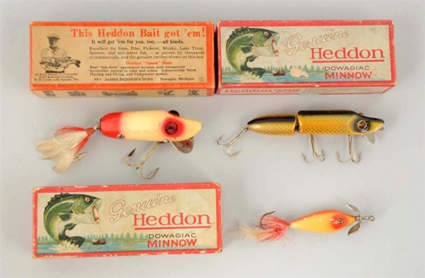 LOT OF 3:  HEDDON GLASS EYED BAITS IN BOXES.      