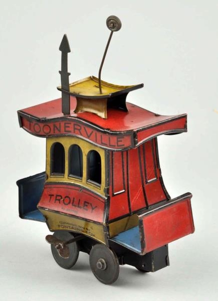NIFTY TIN LITHO WIND-UP TOONERVILLE TROLLEY TOY.  