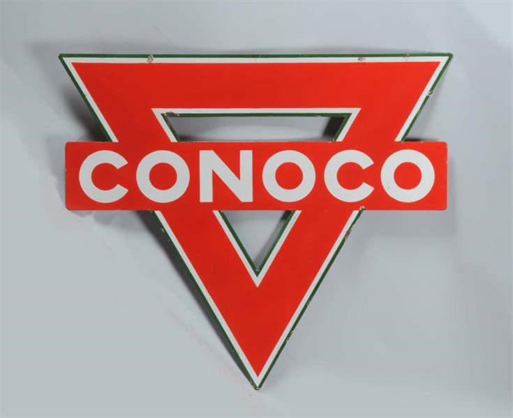 CONOCO DOUBLE SIDED PORCELAIN DIECUT SIGN.        