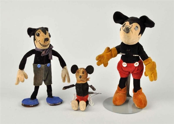 LOT OF 3: EARLY FELT COVERED MICKEY MOUSE FIGURES.