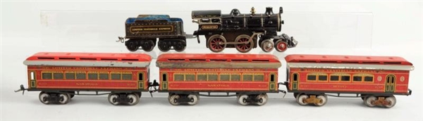LOT OF 4: IVES NO. 25 LOCO, TENDER, & 3 CARS.     