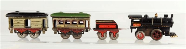 LOT OF 4: IVES LOCO NO. 3 RED PLATED & CARS.      