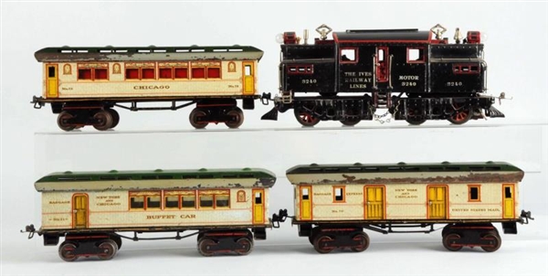 LOT OF 4: IVES CAST IRON 3240 ELEC. ENGINE & CARS.