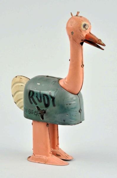 TIN LITHO WIND-UP RUDY THE OSTRICH TOY.           