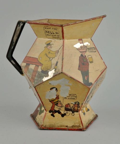 EARLY FOLK ART COMIC CHARACTER TIN PICTURE PITCHER