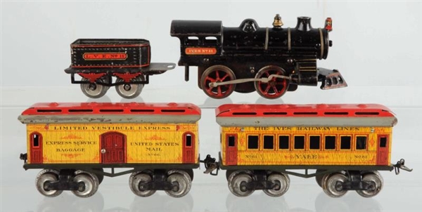 LOT OF 4: IVES NO. 11 LOCO, TENDER, & CARS.       