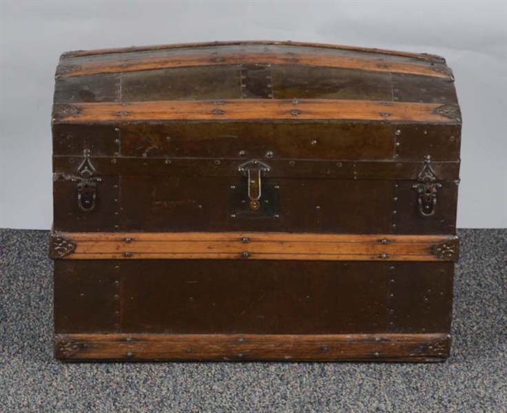 EARLY WOOD AND METAL DOME-TOP BARREL-STAVE TRUNK  