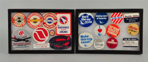 LOT OF 2: AIRLINE ADVERTISING DECALS AND PINS.    