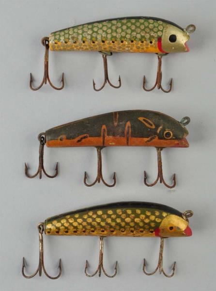 LOT OF 3:  WOODEN FISHING LURES.                  