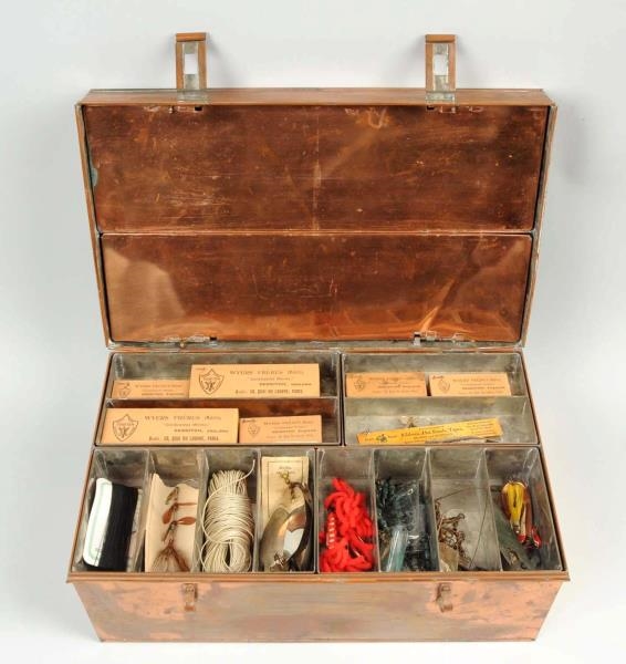 LARGE AND WONDERFUL COPPER TACKLE BOX, FULL.      