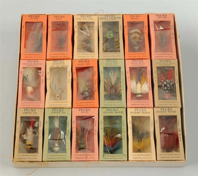 LOT OF 18: PECKINPAUGH FLY BAITS AND BOXES.       