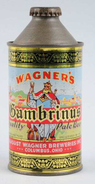 WAGNERS GAMBRINUS CONE TOP BEER CAN.             