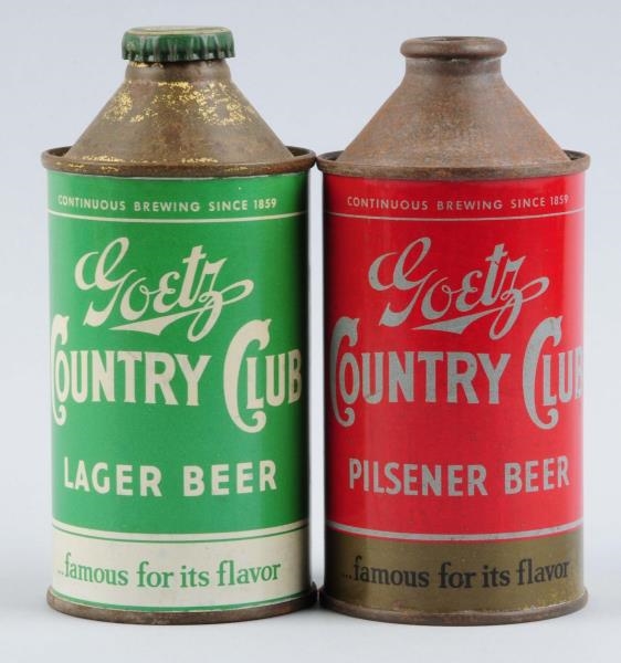 LOT OF 2: GOETZ COUNTRY CLUB BEER CONE TOP CANS.  