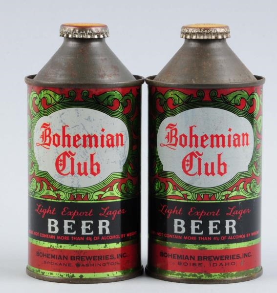 LOT OF 2: BOHEMIAN CLUB BEER CONE TOP CANS.       