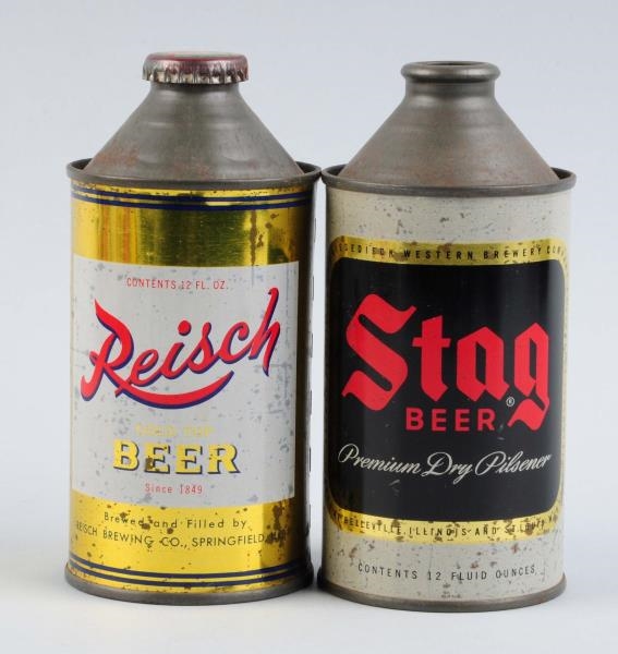 LOT OF 2: REISCH & STAG BEER CONE TOP CANS.       