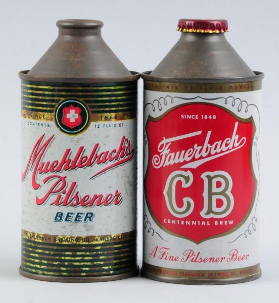 LOT OF 2: FAUERBACH & MUEHLEBACHS CONE TOP CANS. 
