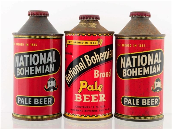 LOT OF 3: NATIONAL BOHEMIAN CONE TOP BEER CANS.   