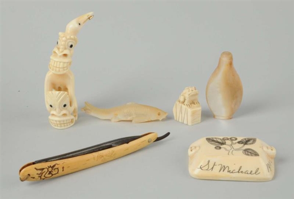 LOT OF 6: SCRIMSHAW AND NETSUKE PIECES.           