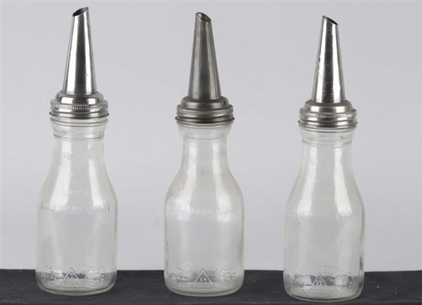 LOT OF 3: GLASS OIL BOTTLES WITH POUR SPOUTS      