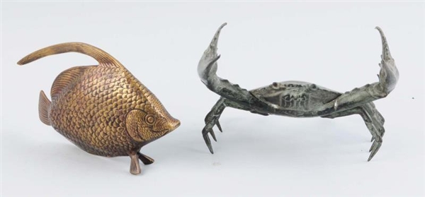 LOT OF 2: BRONZE CRAB AND FISH STATUES.           