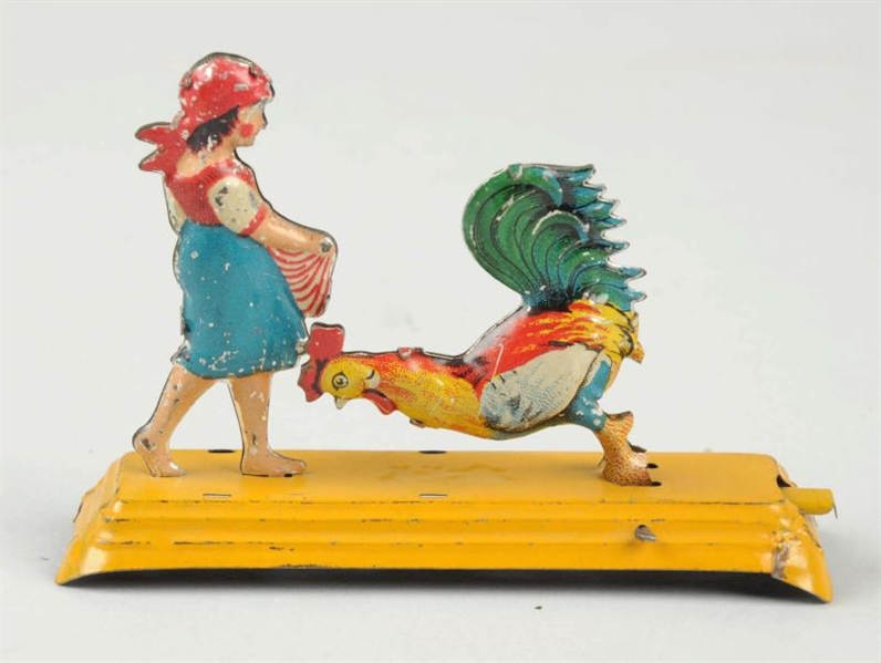 GERMAN TIN LITHO GIRL FEEDING ROOSTER PENNY TOY.  