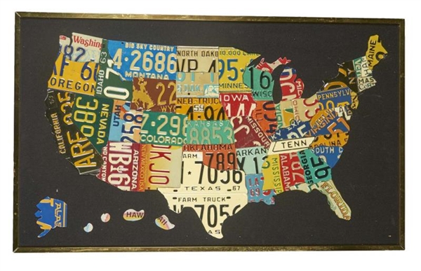 LICENSE PLATE COLLAGE U.S.A. MAP IN FRAME         