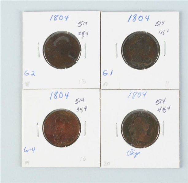 LOT OF 4: 1804 DRAPED BUST HALF CENTS.            