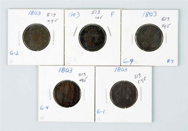LOT OF 5: 1803 DRAPED BUST HALF CENTS.            