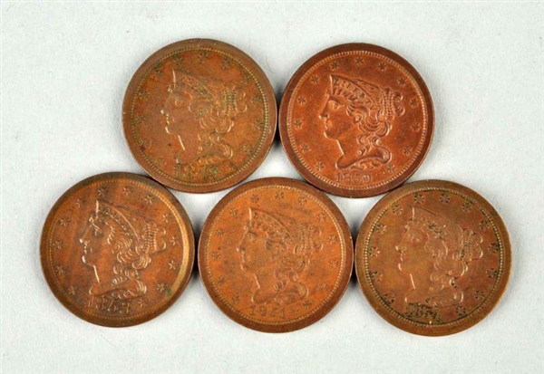 LOT OF 5: BRAIDED HAIR HALF CENTS.                