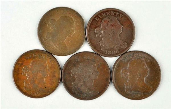 LOT OF 5: 1807 & 1808 DRAPED BUST HALF CENTS.     