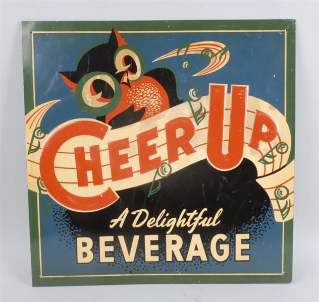 CHEER-UP BEVERAGES EMBOSSED TIN SIGN.             