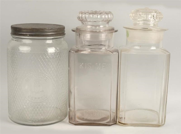 LOT OF 3: GLASS PRODUCT JARS.                     