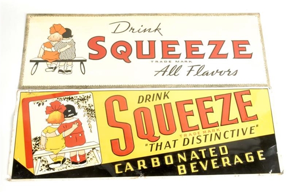 LOT OF 2: SQUEEZE SODA EMBOSSED TIN SIGNS.        