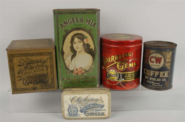 LOT OF 5: PRODUCT TINS.                           