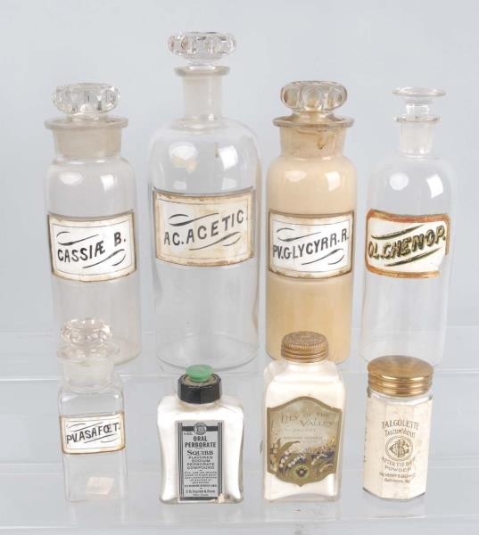 LOT OF 8: APOTHECARY & DRUG STORE JARS & BOTTLES. 
