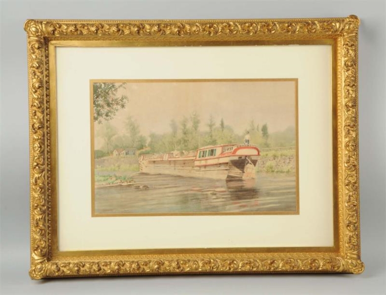 WATERCOLOR PAINTING OF CANAL BOAT.                