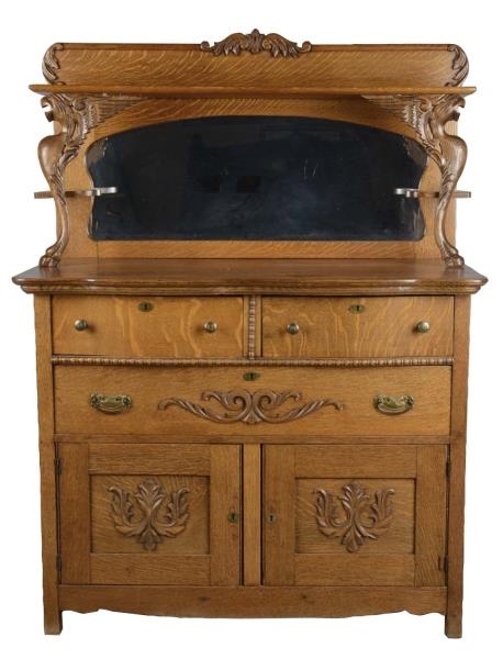 OLD AMERICAN SIDEBOARD WITH MIRROR AND LOCK       