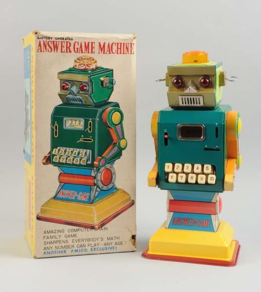 JAPANESE TIN LITHO BATTERY OP ANSWER GAME MACHINE.