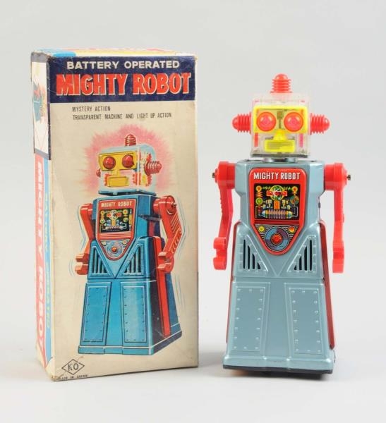 JAPANESE TIN LITHO BATTERY OP MIGHTY ROBOT.       
